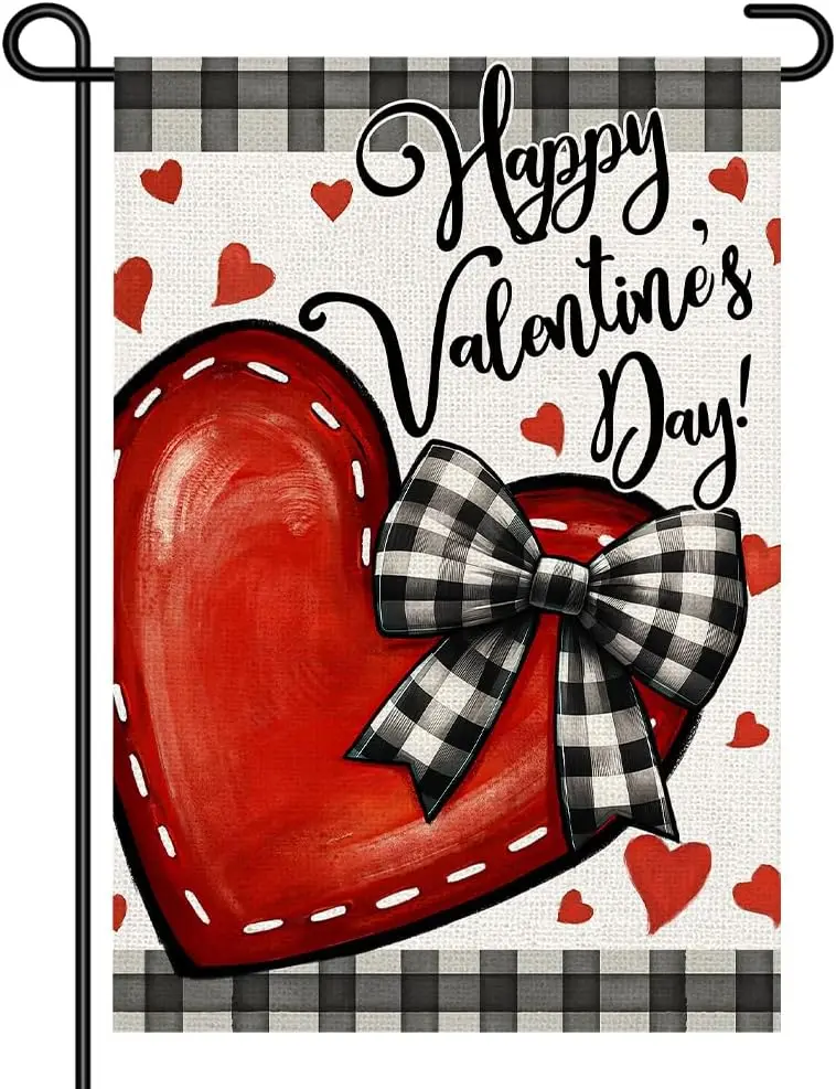 Happy Valentine’s Day Garden Flag 12x18 Inch Double Sided Small Flags, Red Heart Yard Sign with Buffalo Plaid Bow for Front  uui