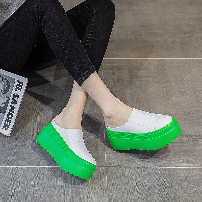 2022 8cm Women Shoes Mules Genuine Leather Gereen White Black Platform  Sandals Slippers Slides  Summer Wedge