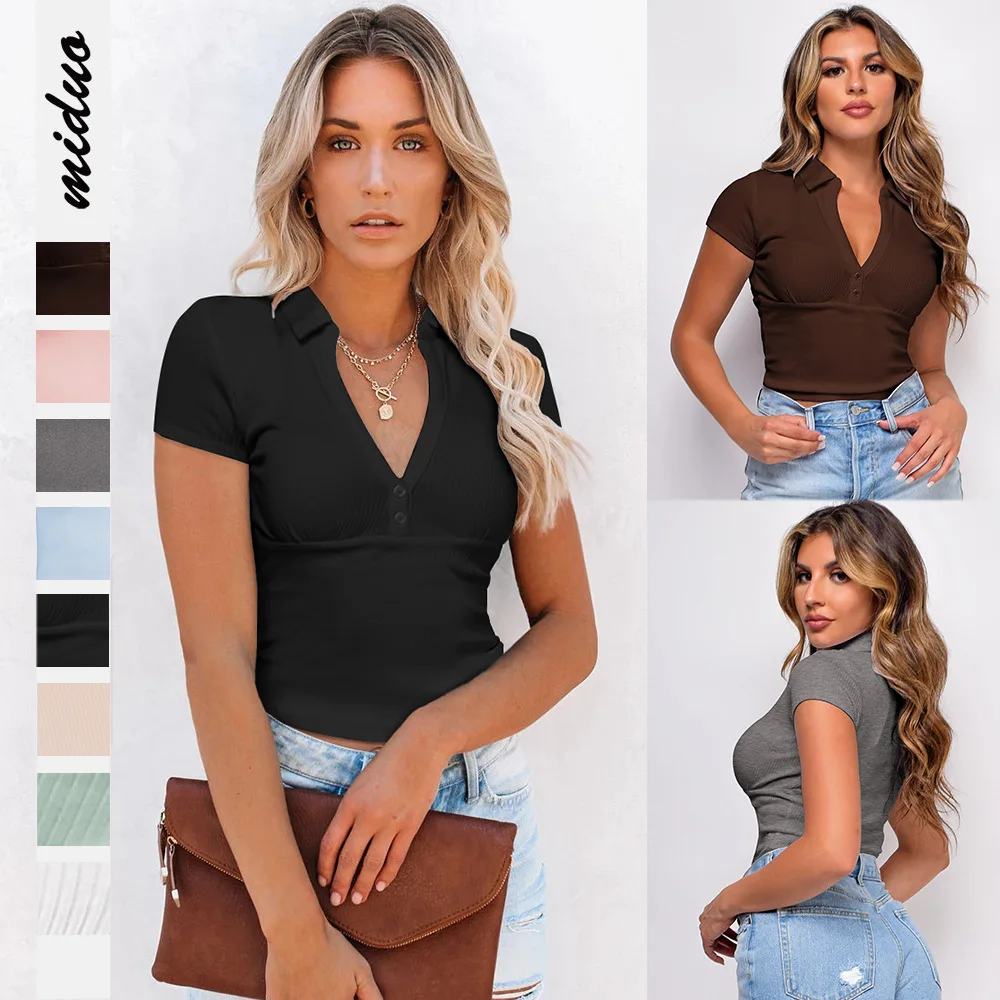 High Quality Ribbed Knitted Series Women Summer Candy Colors Ribbed Knitted Elastic Polo Shirt Casual Fashion Skinny Crop Tees