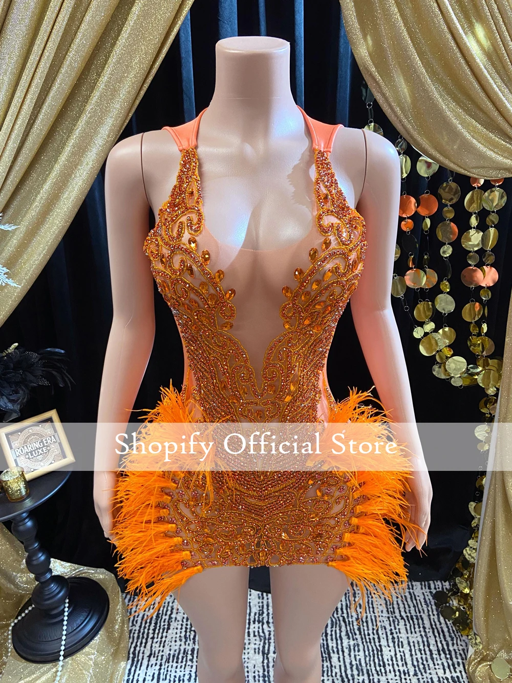 Orange Rhinestone Short Prom Dresses For Black Girls Diamond Luxury Birthday Dress Feathers Mini Cocktail Hoco Gowns Customized