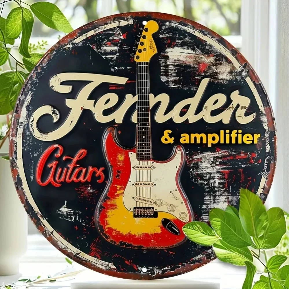 2D Flat High Definition Metal Wall Art Vintage Distressed Fender Guitars and Amplifier Classic Music Theme Metal Sign Featuring