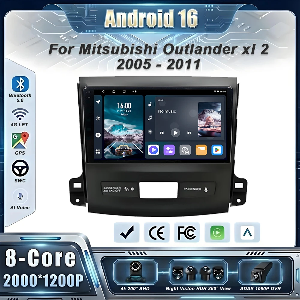 Android 16 Car Radio Carplay For Mitsubishi Outlander xl 2 2005-2011 Stereo Head Unit Multimedia Player No 2din DVD QLED Screen