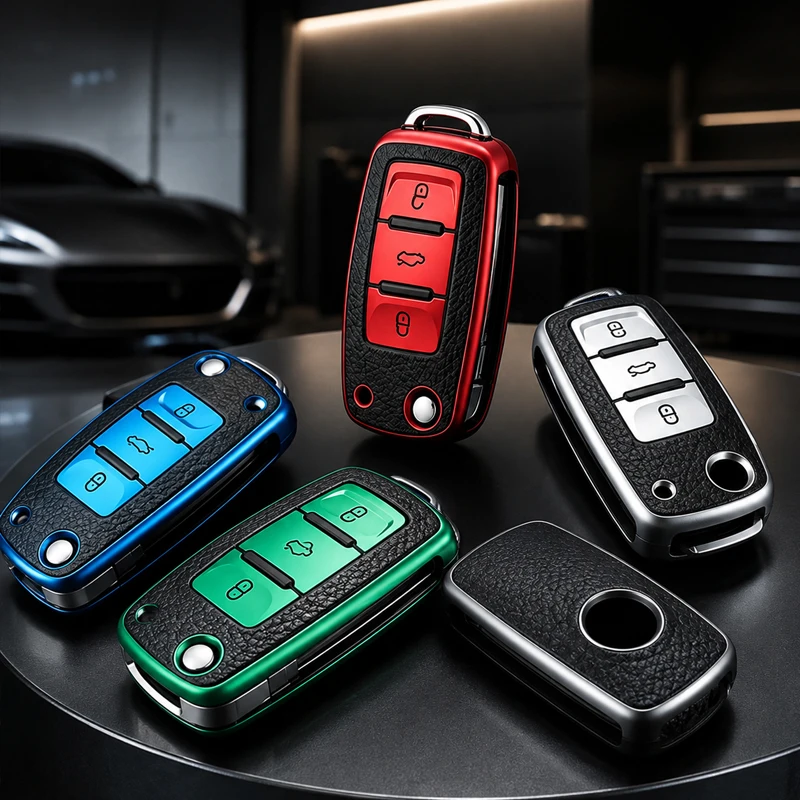 3‑Button Flip Car Remote Key Case Cover Leather Texture Full Protection Auto Key Shell Holder Anti‑Drop Protective Key Accessory