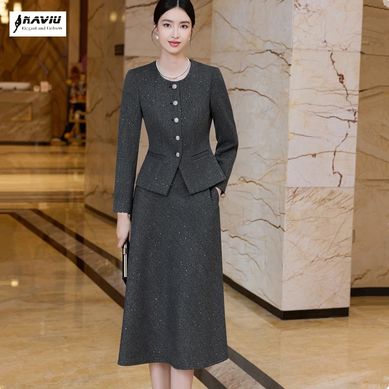 

NAVIU High End Thickened Elegant Suits Women Formal Slim Office Lady Work Slim Blazer And A Line Skirt Korea Casual Work Wear