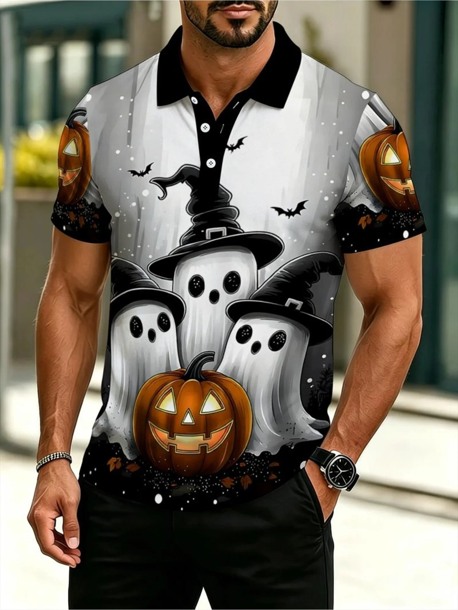 Men Halloween Pumpkin Print Polo Shirt Short Sleeve Breathable button Polo Shirts Casual Halloween Festival Party polo Tops