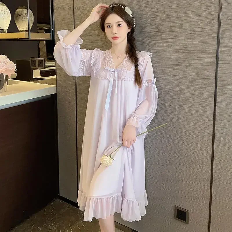 

Long Sleeved Mesh Princess Nightdress Spring Summer V-Neck Lace Nightgown Loose Casual Home Dress Palace Style Sweet Sleepwear