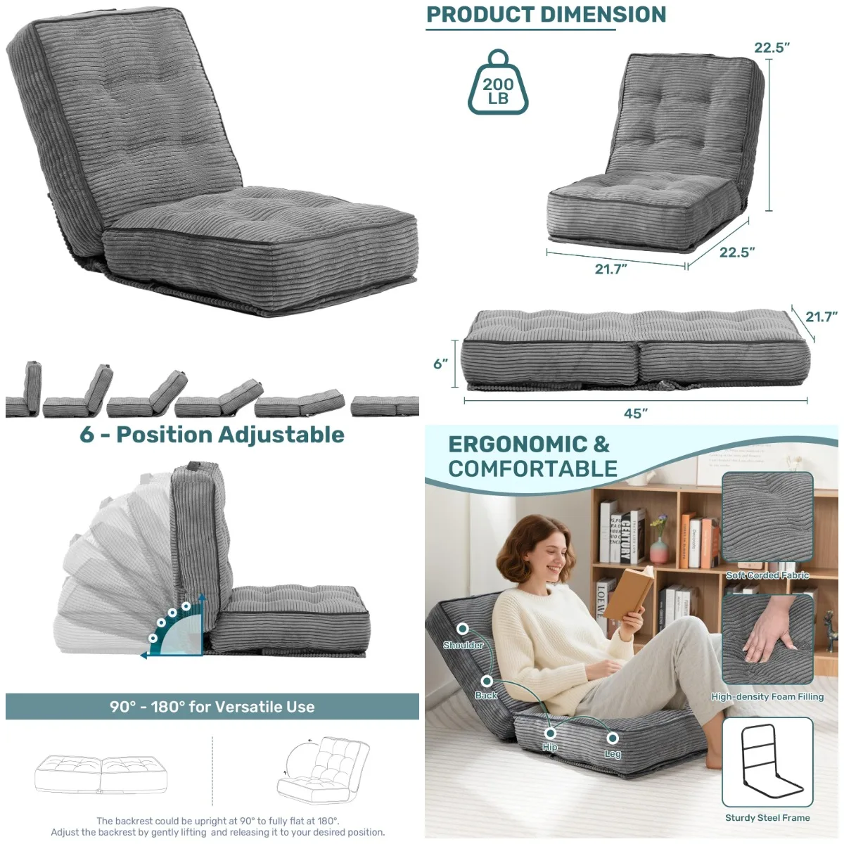 

Adjustable Floor Chair, 6-Position Folding Recliner with Back Support, Thick Cushion & Handle, Dark Grey