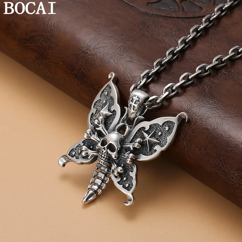 

BOCAI NEW S925 Silver Retro Punk Butterfly Skull Pendant
