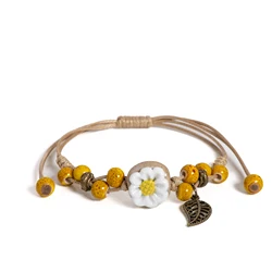 Handmade Sunflower Leaf Ceramic Bracelet Boho Adjustable Jewelry for Women Vintage Ethnic Gift S02-016