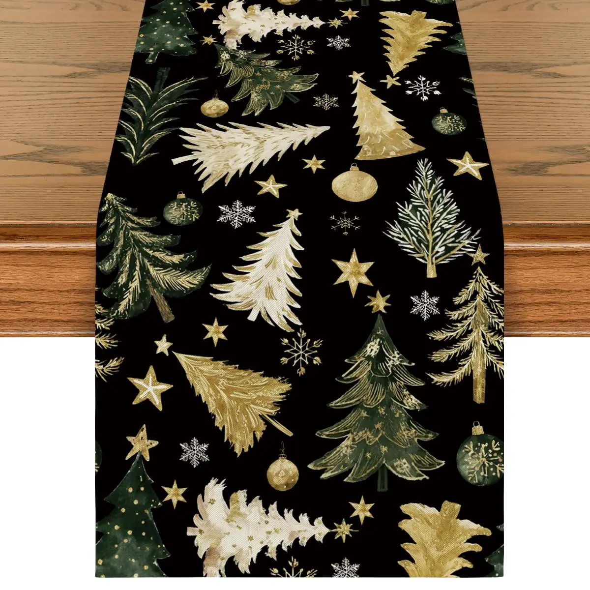 

Gloden Pine Trees Snowflake Christmas Table Runner,Xmas Balls Winter Holiday Kitchen Dining Table Runner for Home Party Decor