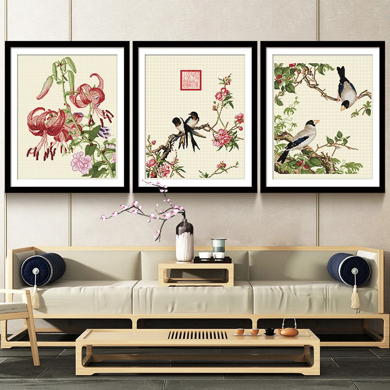 

Набор для вышивания крестиком KS: Пионы и цветущая вишня, панель для гостиной, простая и легкая в вышивке модель 2025 года, белая хлопковая ткань