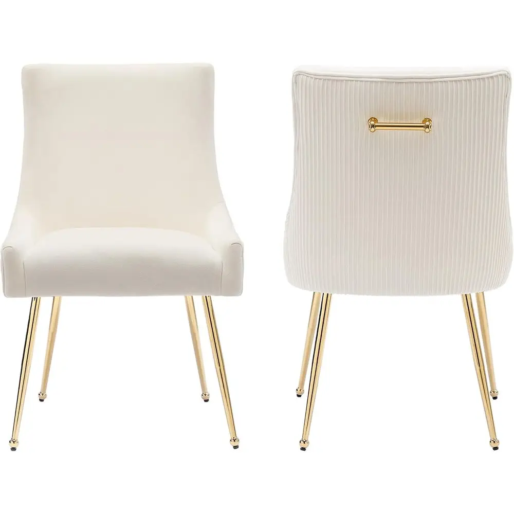 Velvet Dining Chairs Set o 2 with Gold Metal Legs, Beige | ern Upholstered Kitchen Chair with Pull Handle & Pleated Back, Centur
