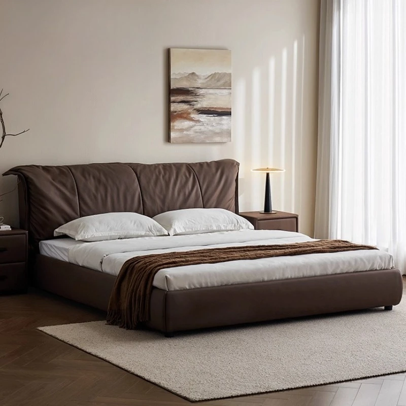

Light luxury first layer cowhide leather soft bag double bed queen bed frames marriage 180x200cm Beds Bedroom Furniture 2 people