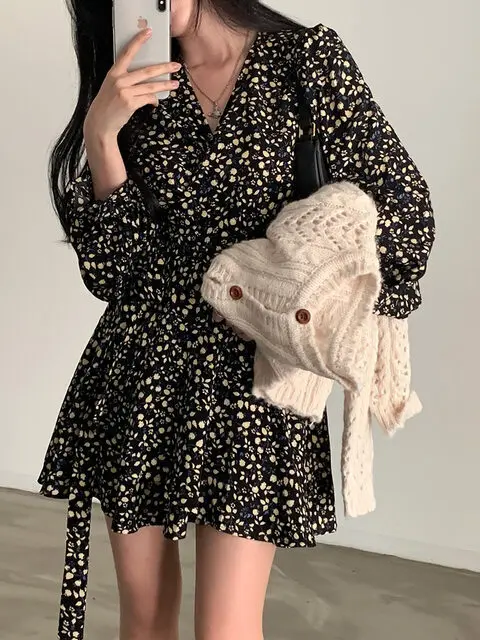 Floral Print Puff Sve Dr Women's Cross V-ne Waist Cinched Slimming Pleated ort Skirt High Waist Doll Dr Korean S...