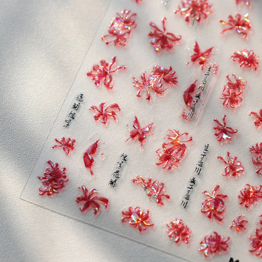 5D Schmetterling Rote Spinne Lilie Blühende Blumen Nail Art Aufkleber Chinesische Schriftzeichen Phoenix Schwalbe Selbstklebende Maniküre Aufkleber