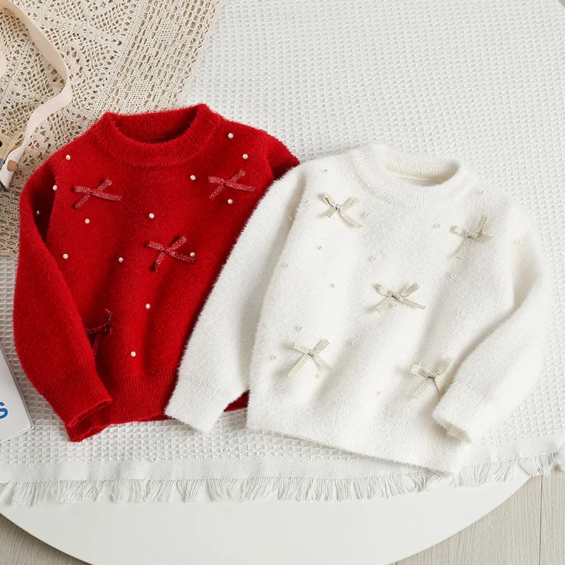 

Girls' Sweater Spring and Autumn New Children's Imitation Mink Knitted Top Baby Girl Stylish Beaded Non-Pilling Pullover