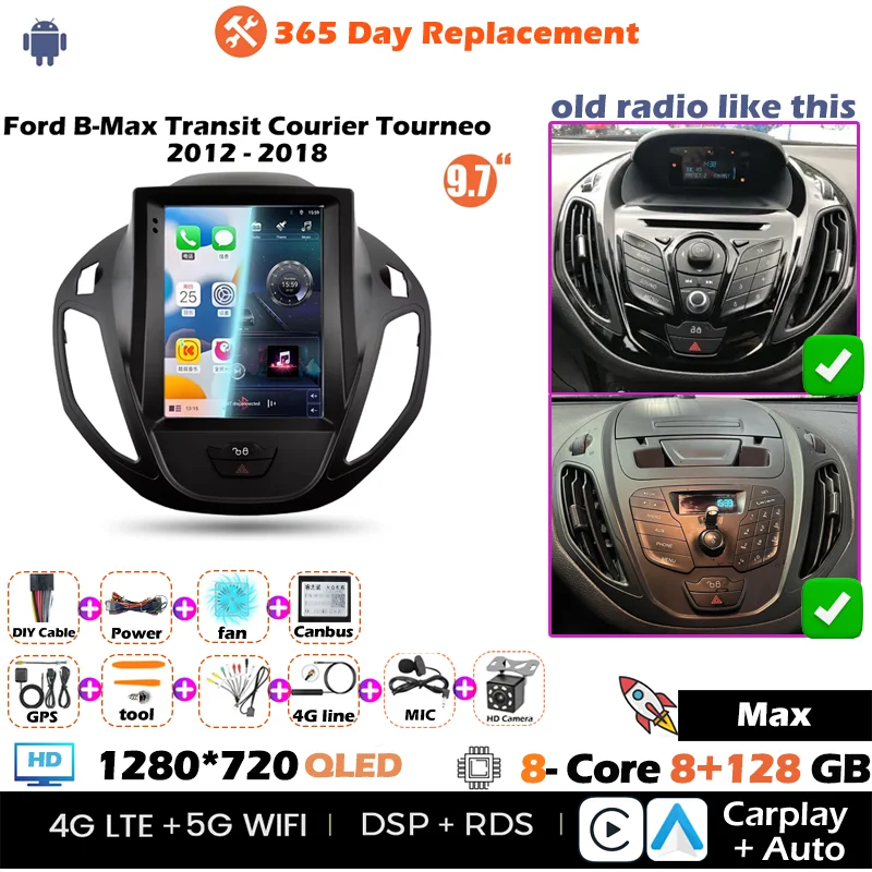 Nieuwste 9.7 "Multimedia Speler Upgrade voor Ford B-Max Transit Courier Tourneo 2012-2018 Android 13 Autoradio CarPlay Android Auto - afbeelding 1