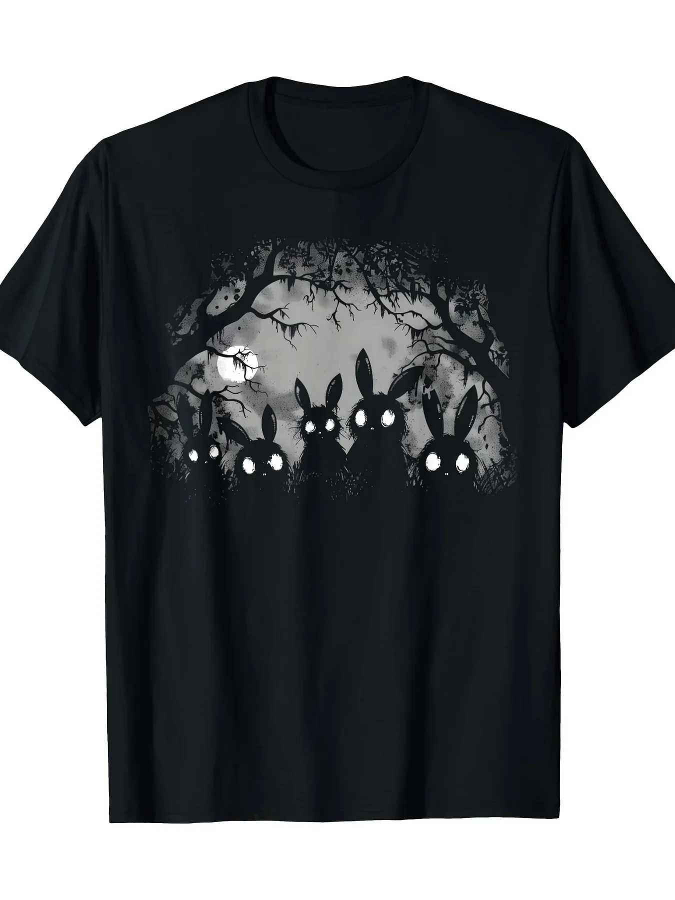 Women's Dark Gothic Style Cute Rabbit Horror Tshirt with Eerie Forest Print Adorned with Full Moon and Bat Motifs Women Clothing