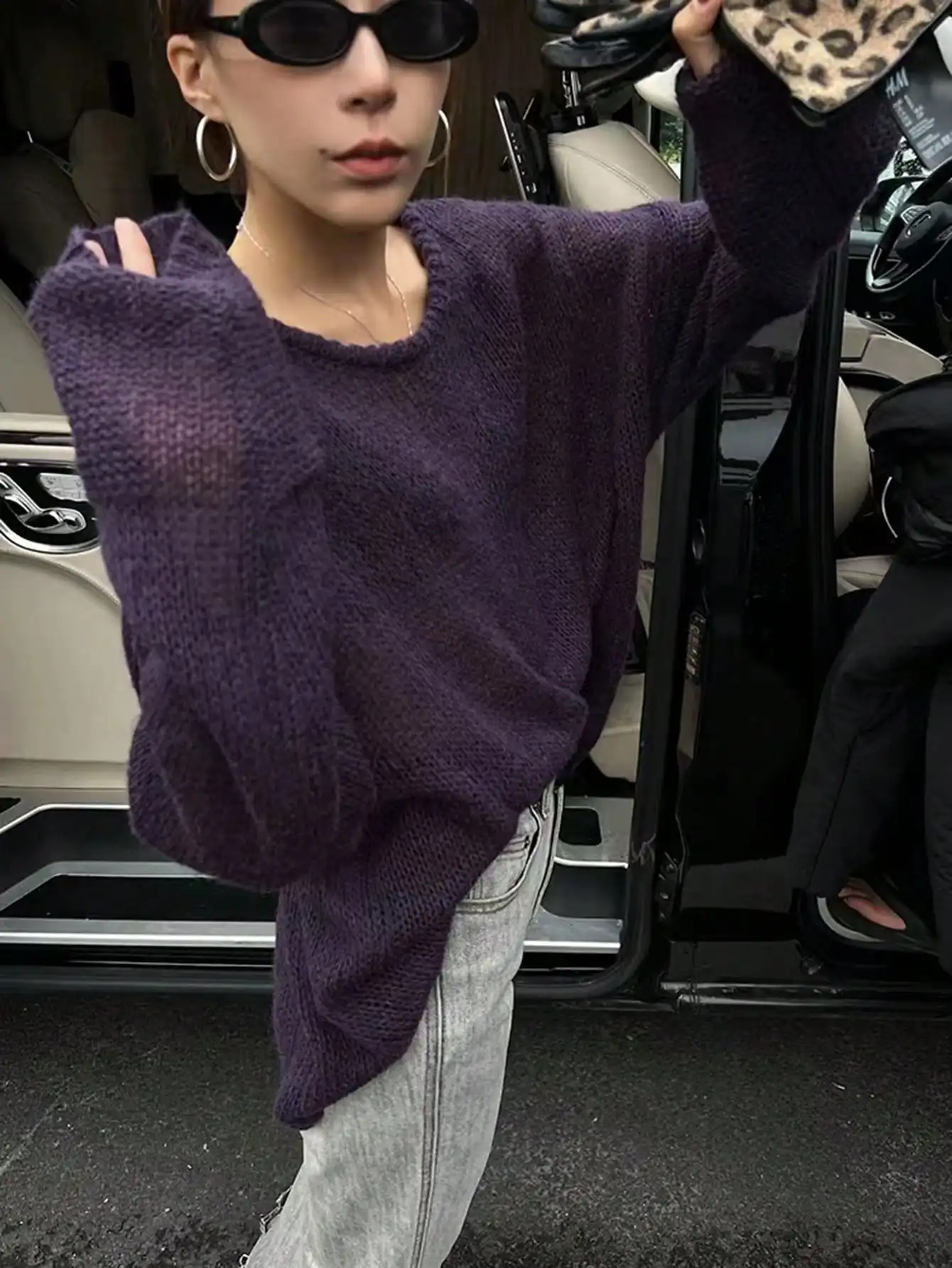 

Purple Loose Drop Shoulder Knit Pullover Sweater for Fall Winter Casual Wear