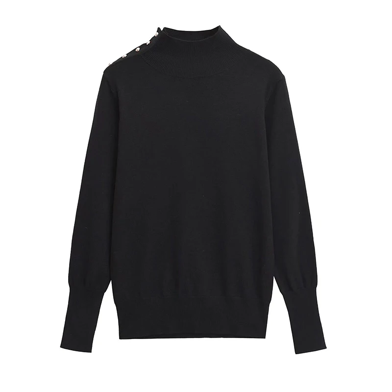 

YENKYE Spring 2024 Women Button Black Knitted Sweater Long Sleeves Mock Neck Female Chic Lady Tops