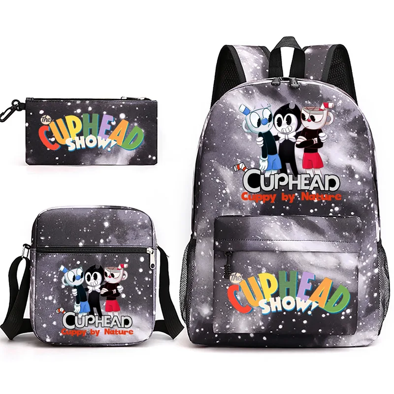 Cuphead Show Game Print Sacs d'école pour étudiants, sac à dos pour ordinateur portable, sac à bandoulière incliné, étui à crayons, classique, populaire, ensemble de 3 pièces