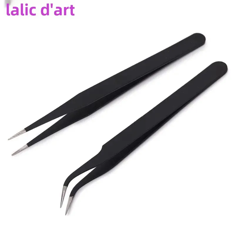 Pinzas Anit-Static, pinzas negras de precisión DIY para decoración de uñas y extensiones de pestañas, herramientas de belleza