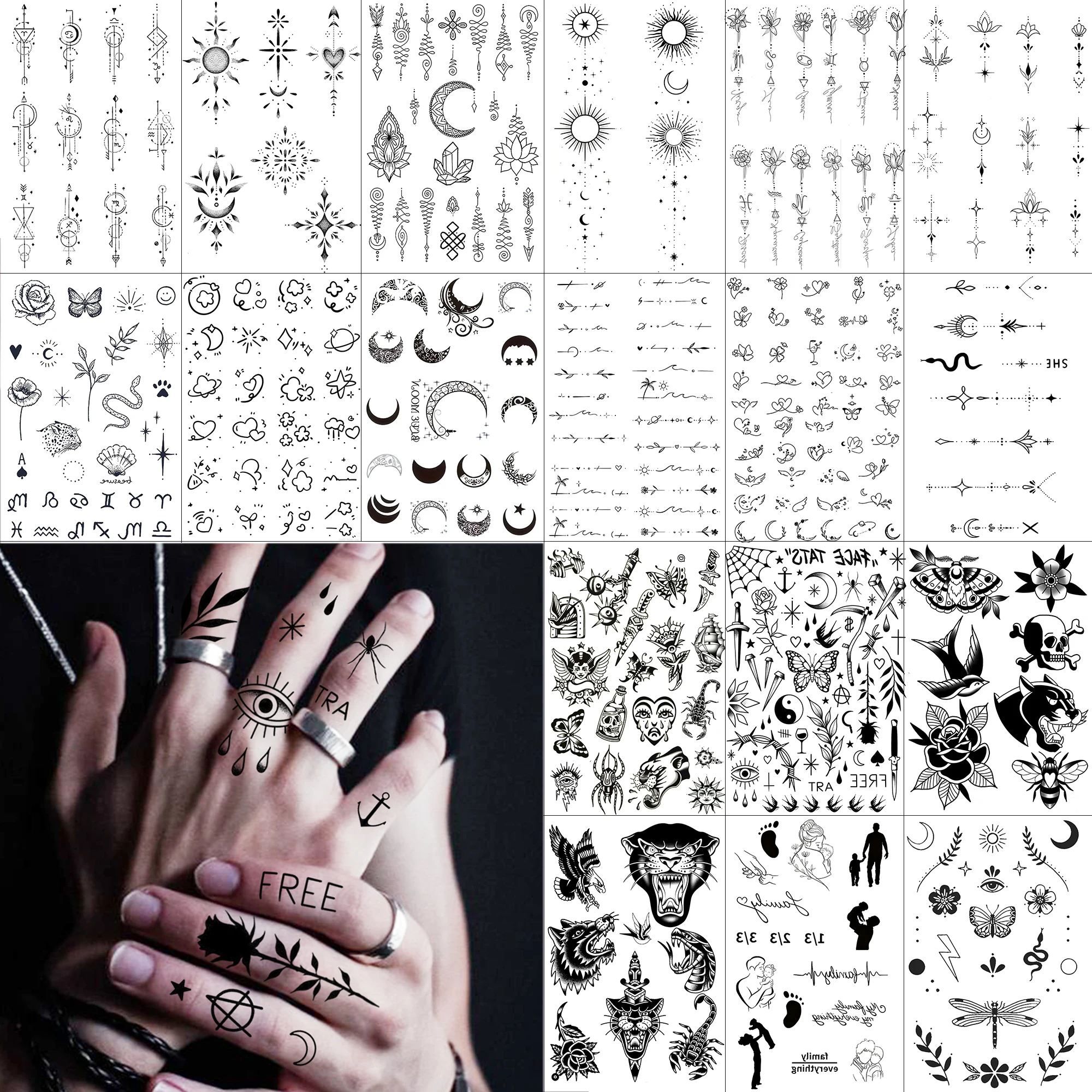 1 Sheet Crescent Flower Tiger Temporary Tattoos For Adult Finger Hands Neck, Temp Fake Tattoo Stickers Realistic Tatoo Last Long