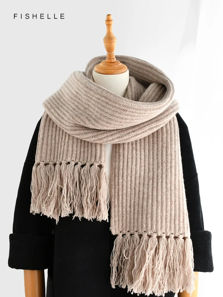 khaki tassels pure 100% wool scarf thick for women's luxury gifts soft warm shawl winter lady soft long scarf knitting