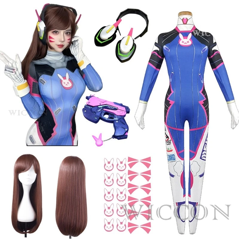 Anime Vrouw Jumpsuit Panty Dva Cosplay Kostuum Spel Zentai Pruik Cosplay Props Hoofdtelefoon Pak D.Va Cos Party Halloween Kostuums