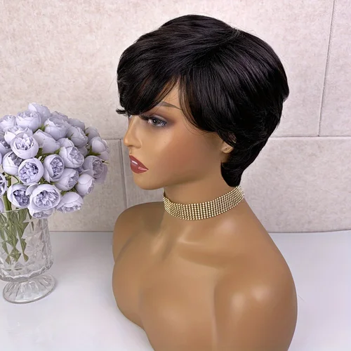Imagen 2 del producto Peluca de corte Pixie con flequillo, peluca corta recta de Color mezclado, cabello humano brasileño Remy, peluca completa hecha a máquina