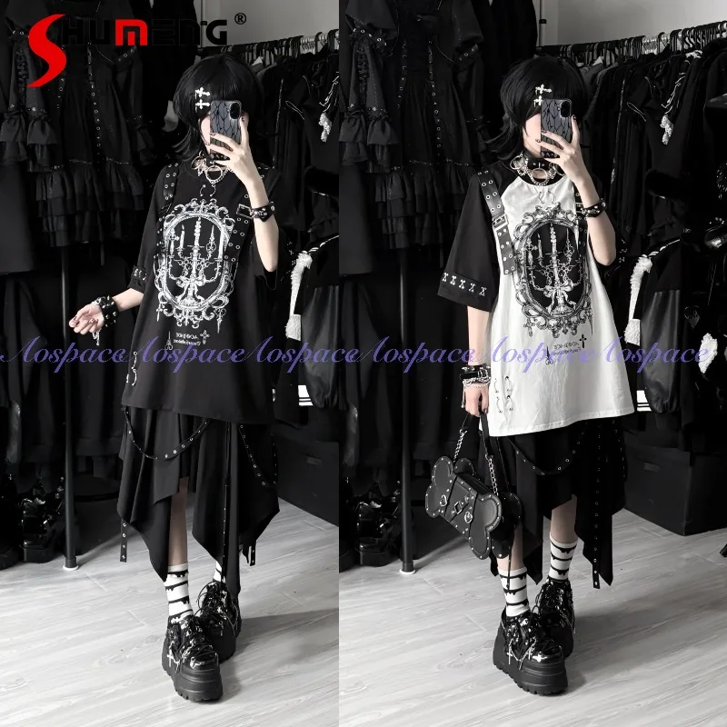 

Handsome Y2k T-shirt New Japanese Custom Frame Printed Belt Decorated Raglan Dark Light Short Sleeves O-neck Tees Pullover Girls