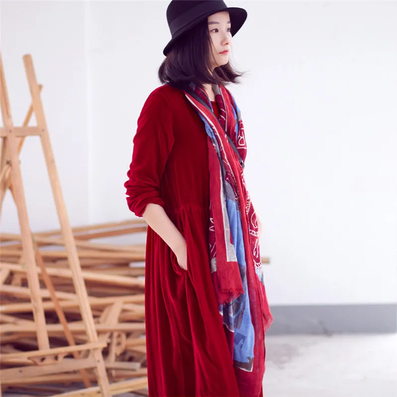 2024 New Korean style women Spring and Autumn long sleeve vintage velour dress Winter velvet maxi dress vestido mujer robe