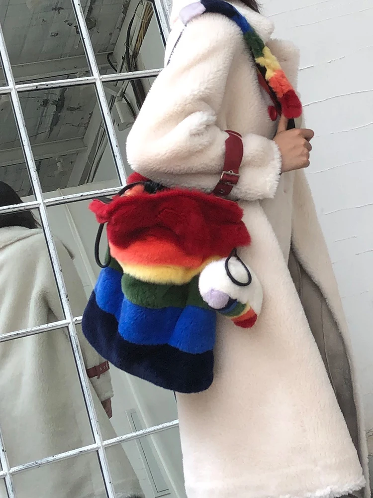 Luxury Brand Spliced Color Rainbow Real Fur Bucket Shaped Handbag Fashion Versatile Large Capacity Single Shoulder Crossbody Bag