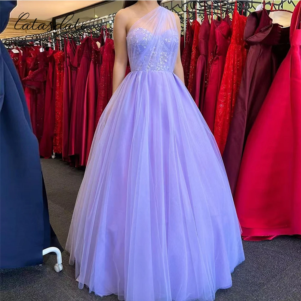 Catasdate-Vestido de noite com um ombro, Prom Party Gown, Linha Applique A, Lavanda, Natal, Formatura