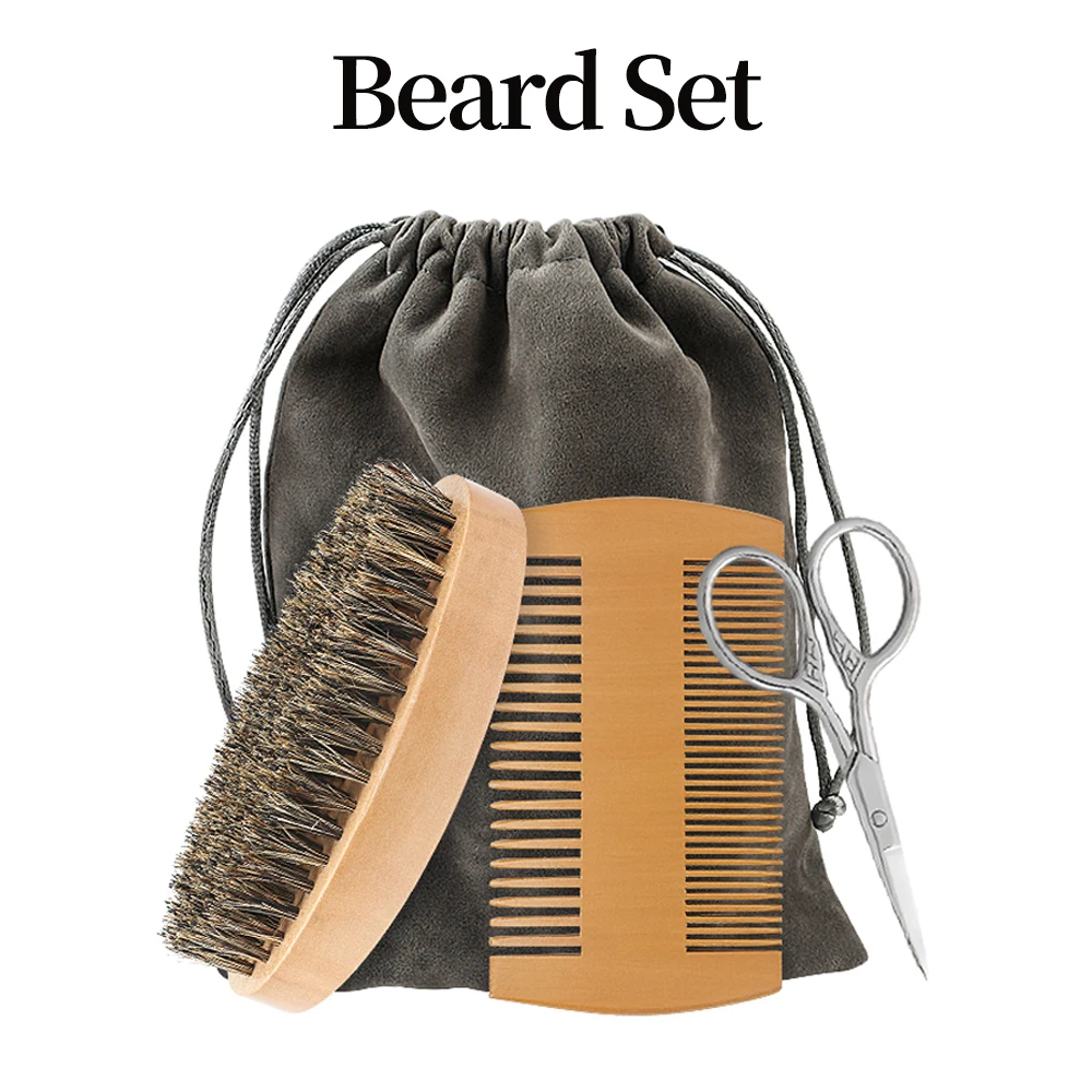 الرجال فرشاة الحلاقة مجموعة متعددة الوظائف مشط اللحية مقص صغير شعيرات الخنزير اللحية فرشاة الوجه الشارب اليومية المحمولة الرعاية أداة #1