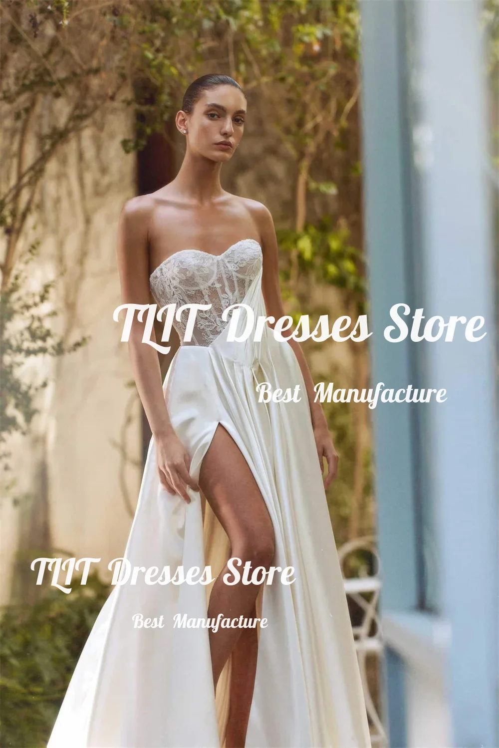 TLIT Customized Ivory Exquisite Lace A-line Wedding Dress Unique Side High Split vestidos de noche Sweep Train robe de mariée