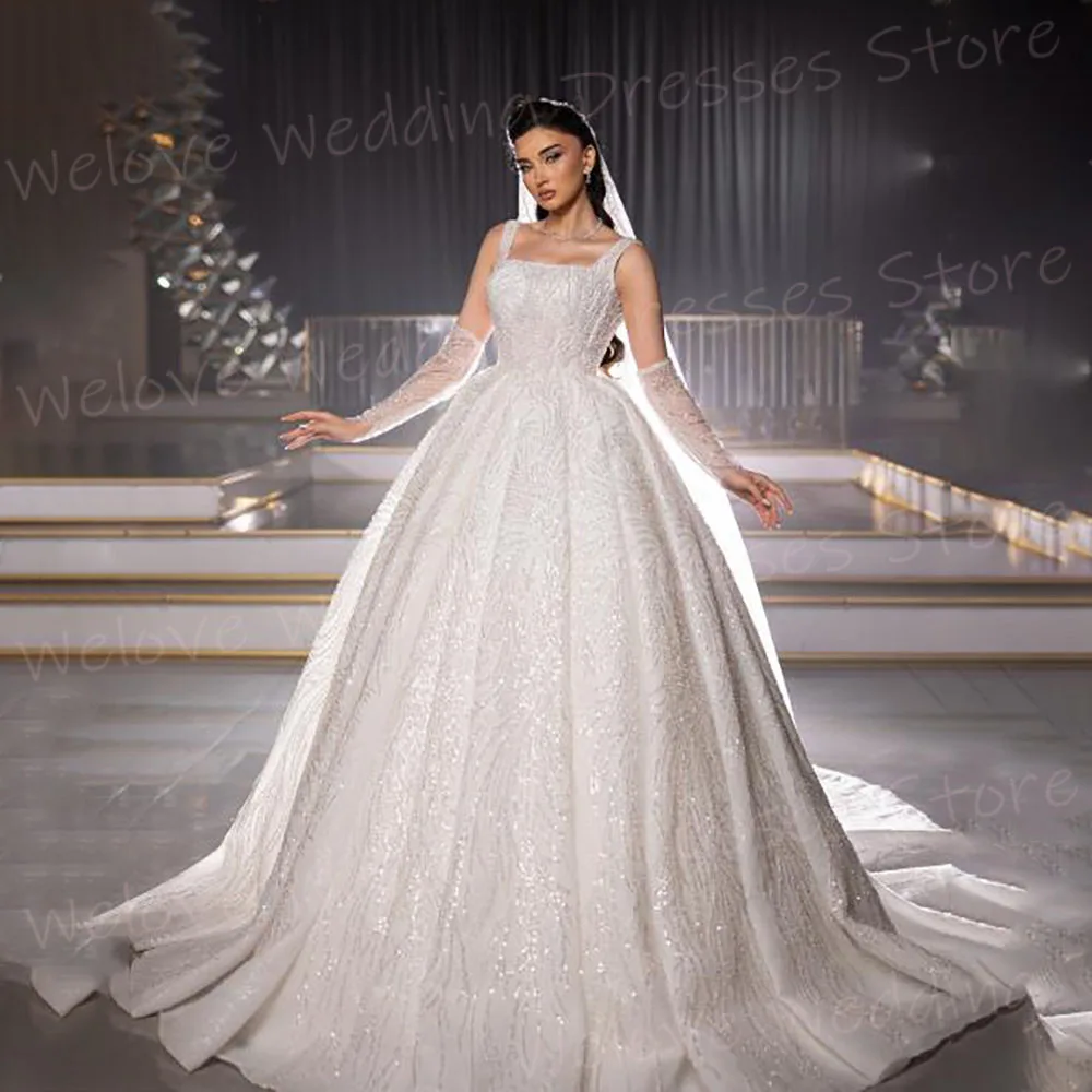 Luxuoso uma linha vestidos de casamento feminino renda pescoço quadrado vestidos de novia personalizado bola vestidos de noiva princesa boda