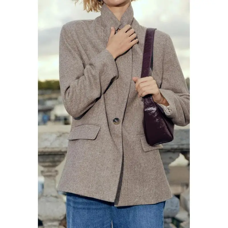 Casaco de Negócios F de Lã Mesclada para Inverno, Manga Longa, Gola Entalhada, Estilo Twill para o Dia a Dia, Espur...