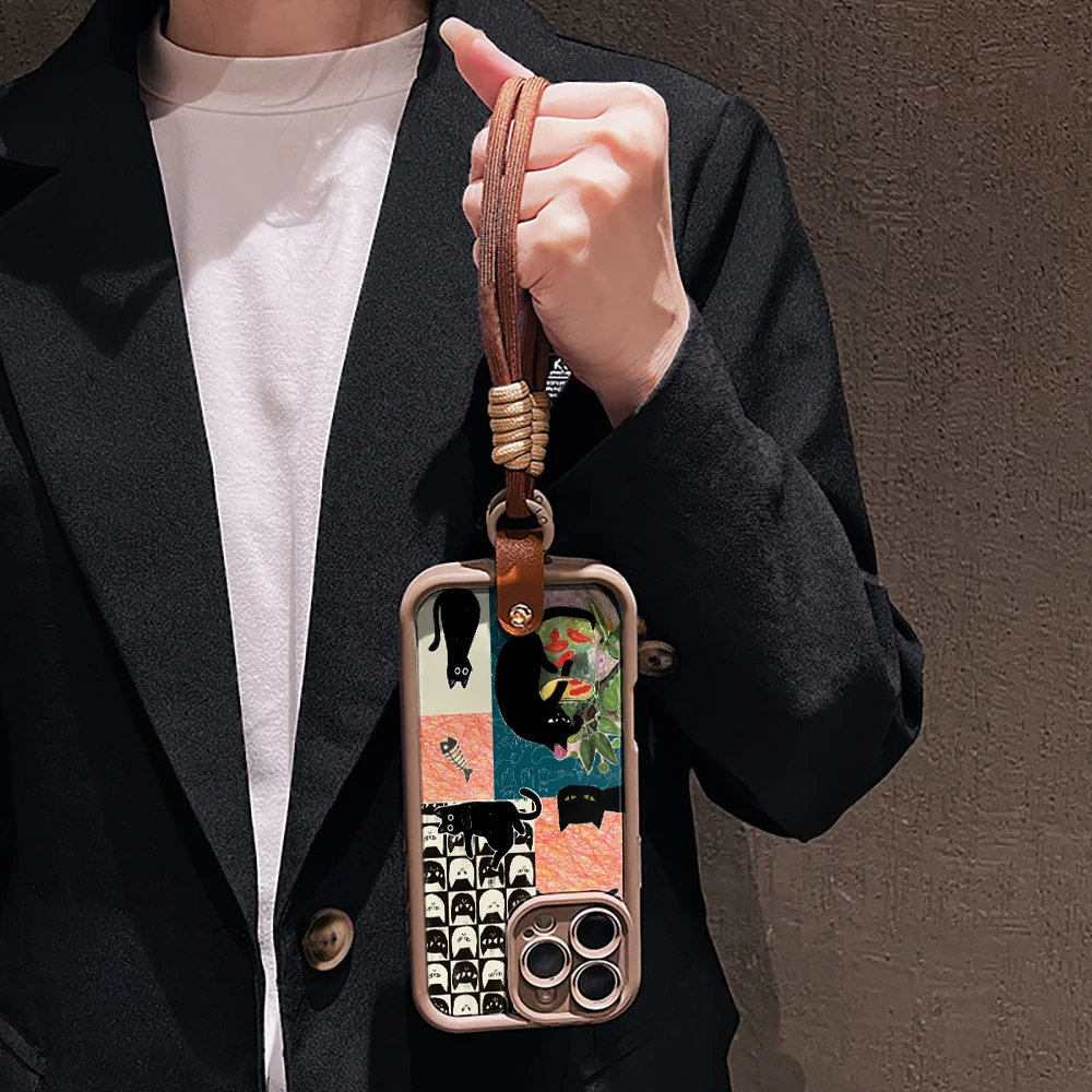 Modische Katzen-Collage-Silikon-Handyhülle für iPhone 16 17 Pro 15 14 13 12 11 Pro Max 16E 7 8 Plus XR XS mit Lanyard-Hülle – Detail 11