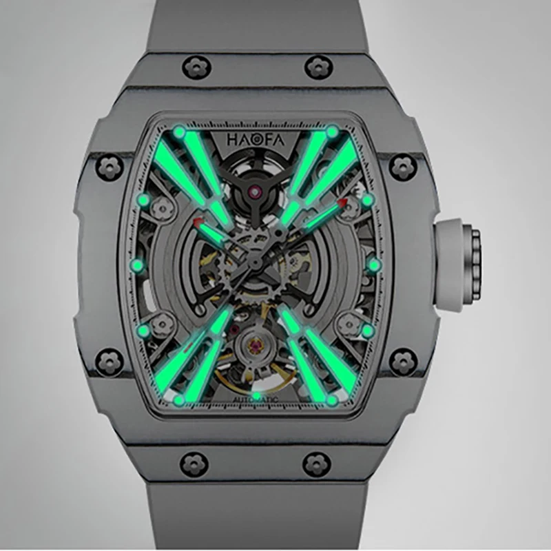 

Haofa автоматические механические мужские часы среднего размера скелетон из углеродного волокна безель сапфировые водонепроницаемые светящиеся часы для мужчин 1906L
