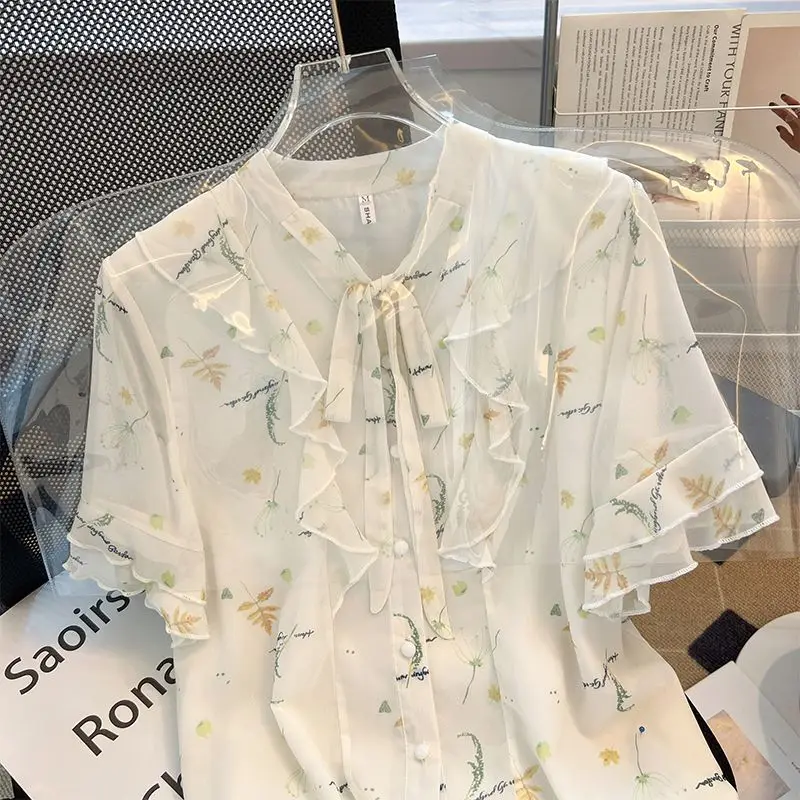 Broken Flowers Casual V-Neck Shirt Women's Stylish Ruffles Spliced Summer Short Sleeve Drawstring Commute Single-breasted Blouse