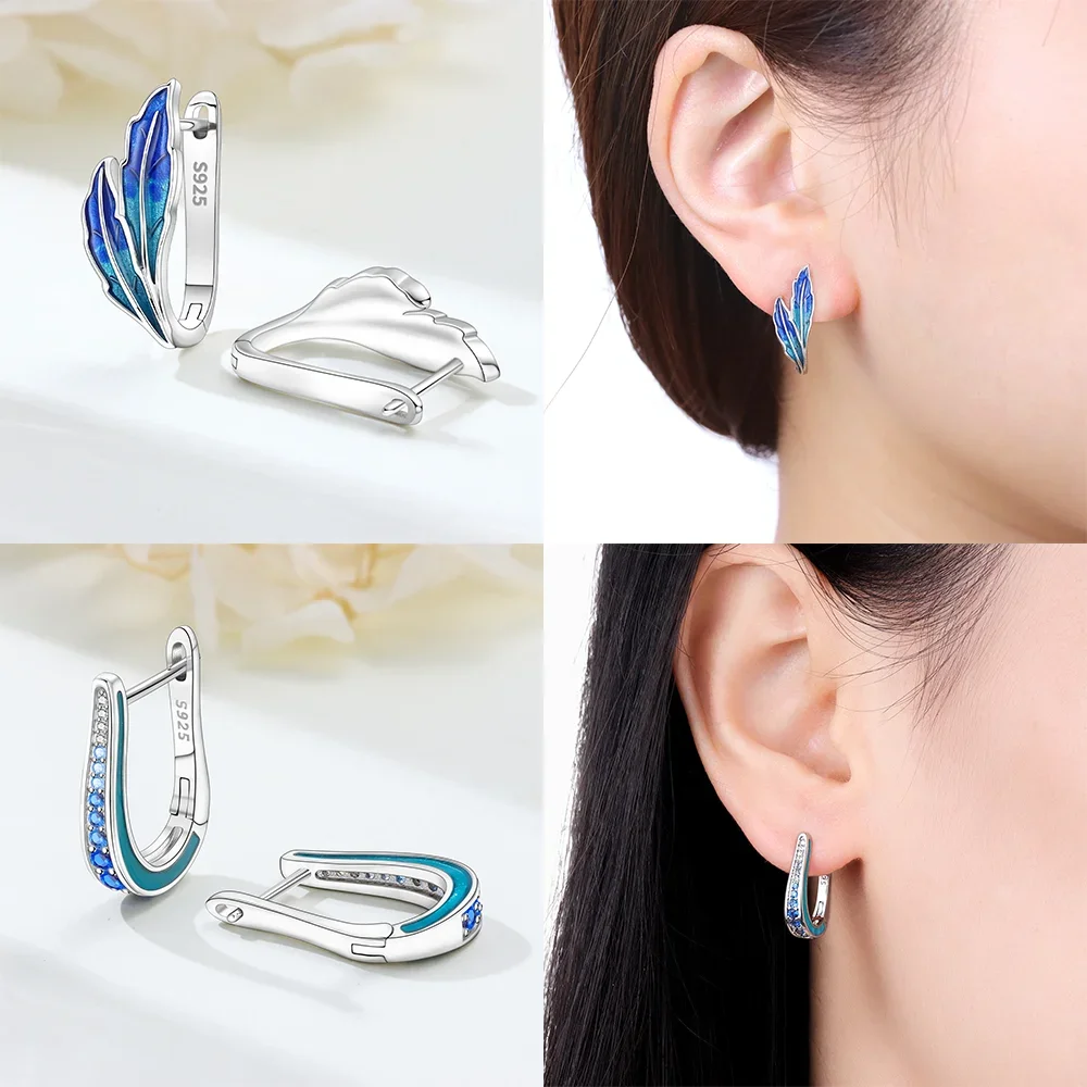 أقراط على شكل زهرة 925 فضية وردية ماغنوليا الزرقاء ليف هوب أقراط للنساء اكسسوارات الزفاف هدايا عيد الميلاد الذكرى السنوية #4