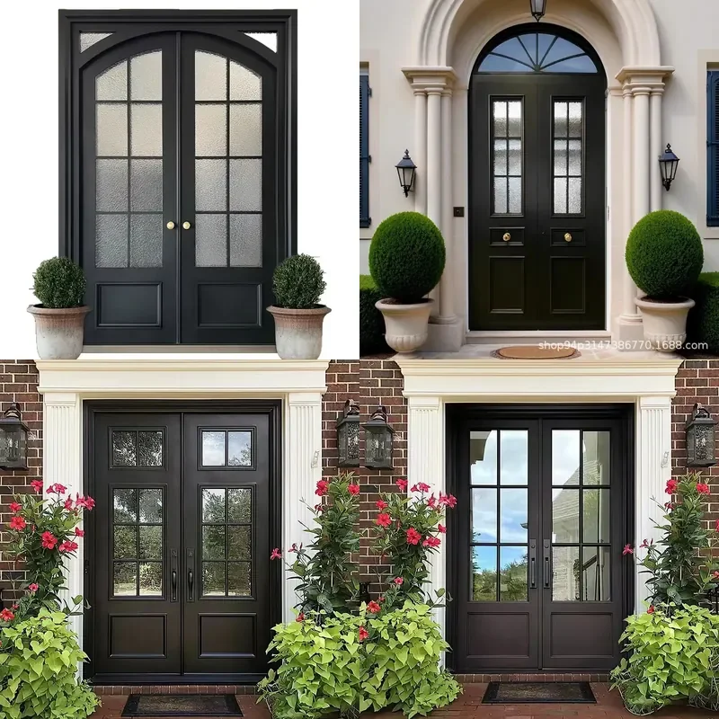 Custom French Double Entry Door Cast Aluminum Frame Glass Panels Secure Exterior Home Entrance Anti Theft Export Quality