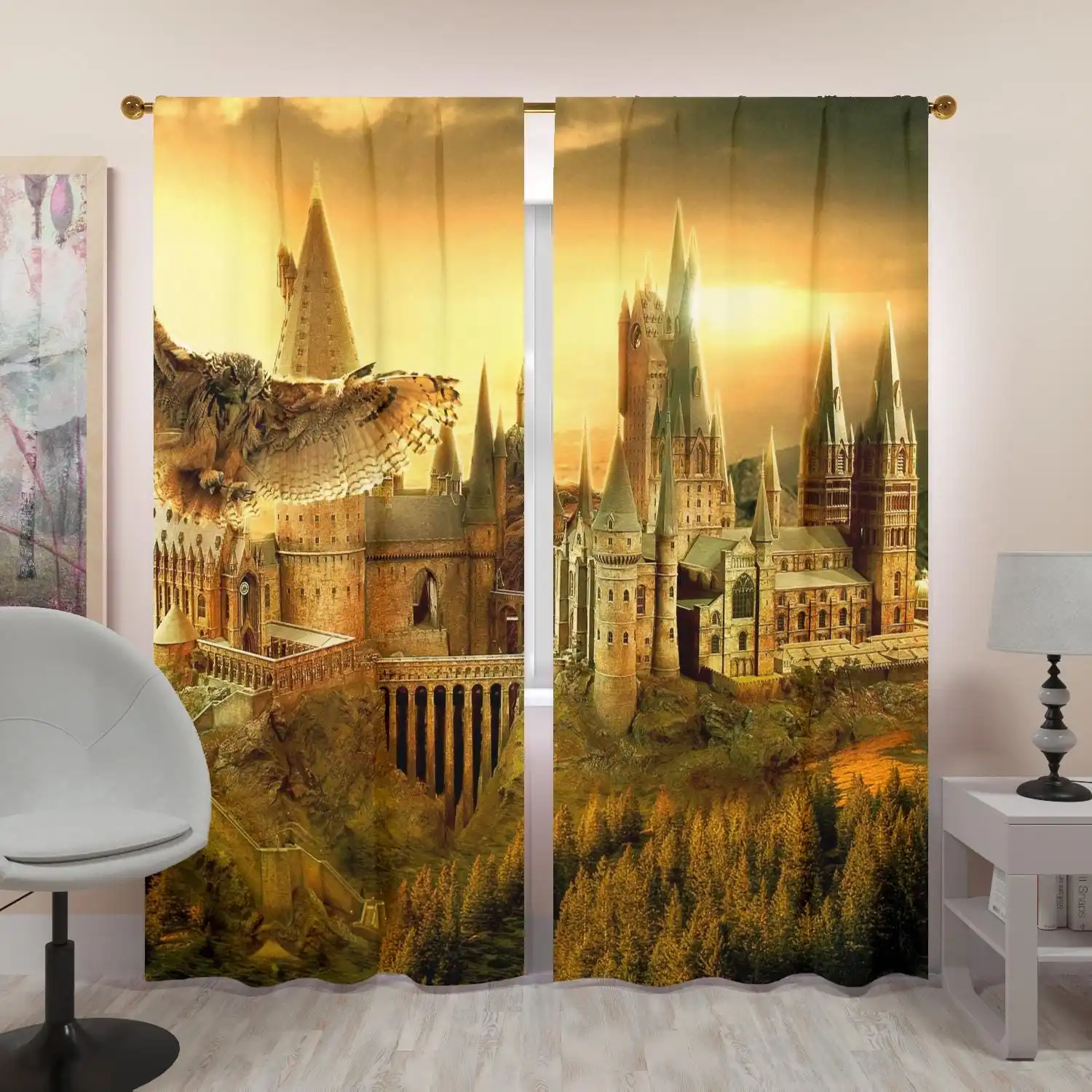 Epic Fantasy Castle Sunrise Window Curtain Yellow Forest Gothic Architecture Home Decor Curtain Panel