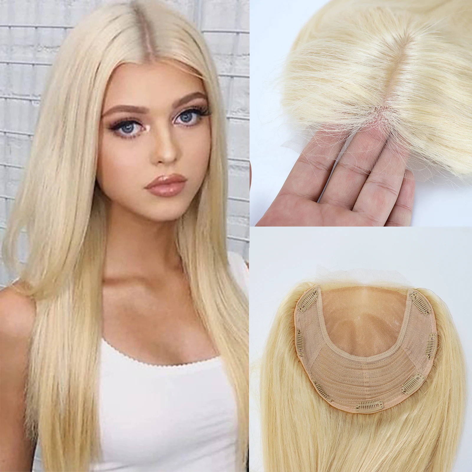 #613 Honey Blonde Virgin Human Hair Topper 6x6 Inch With 4x4 Inch Silk Base Topper For Women Big Size Hair Pieces With Clips In