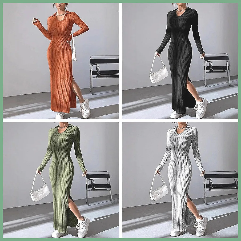 

Elegant Knitted Maxi Dress for Women, V-Neck Slim Fit with Slit, Autumn Winter Party & Holiday Street Dress (72 characters)
