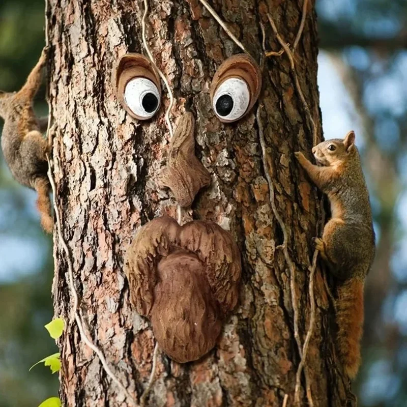 Outdoor Tree Face Statue, Old Man Bark Grimace Decoration, Funny Yard Art, Tree Outdoor Garden Props