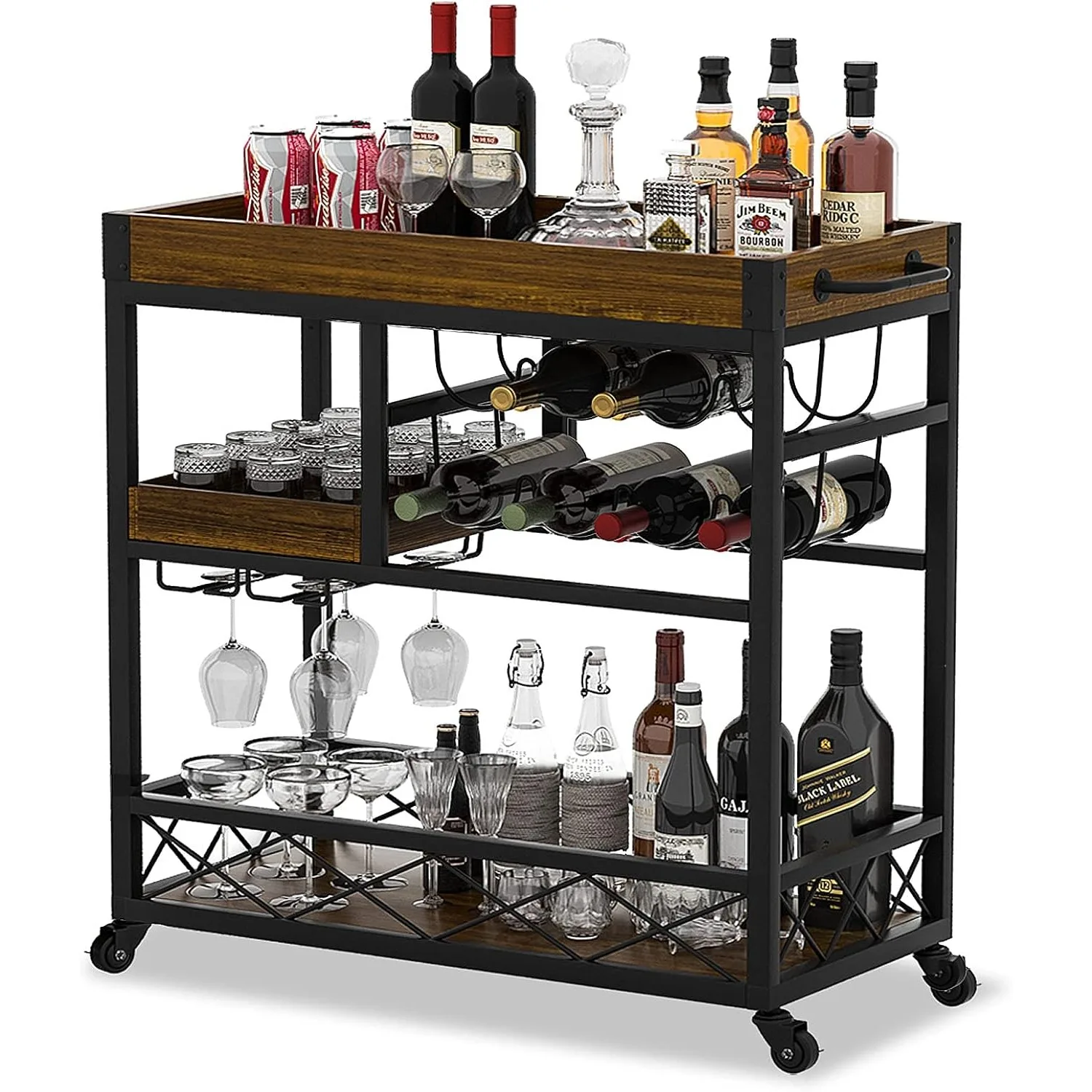 Bar Industrial Kitchen Serving Cart Home 3 Tier Storage Trolley with Wine Rack Glasses Holder 2 Portable Trays Universal Casters