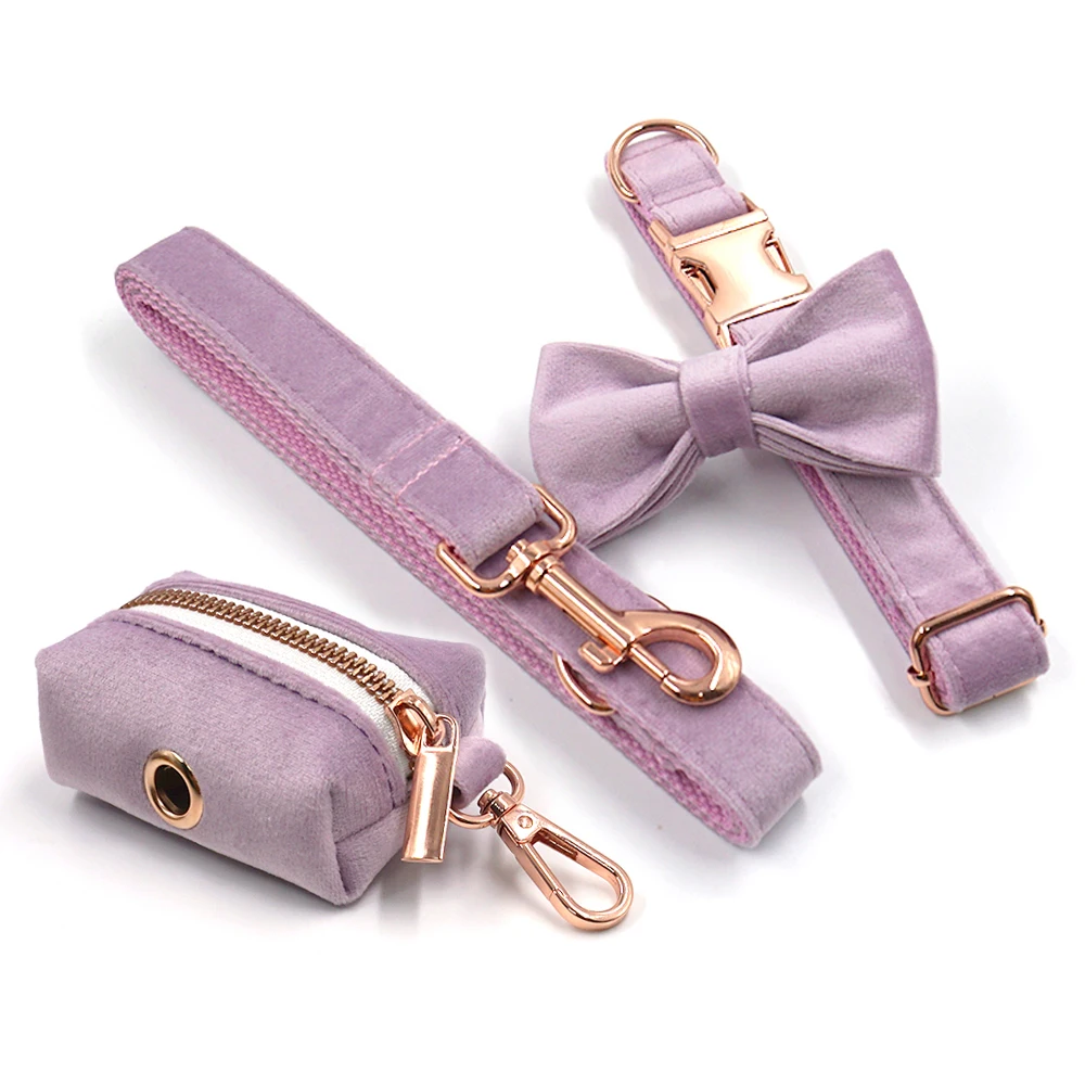 Pink Purple Velvet Luxury Dog Harness and Leash Set Personalized Designer Collar for Dogs Safety Rose Gold Buckles Pet Leash Kit