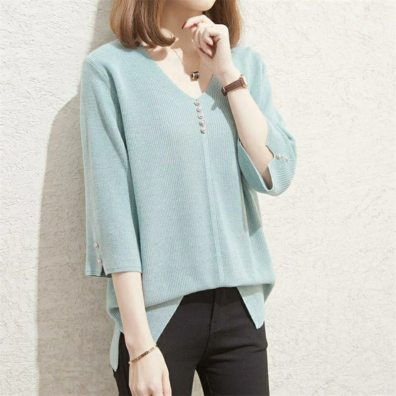 Women Spring Summer Fashion V Neck Beaded Button Thin Ice Silk Knitted T Shirt Female Solid Loose Three Quarter Sleeve Chic Tops